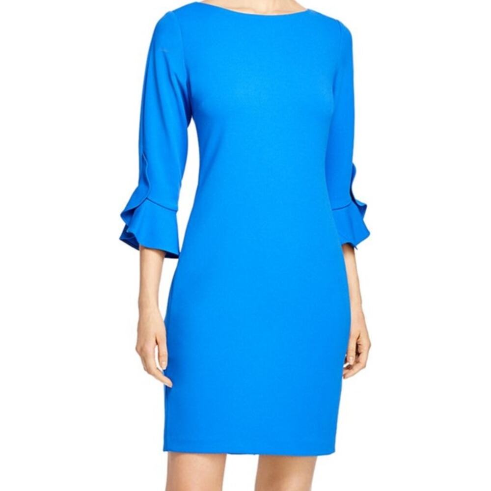 Karl Lagerfeld Scuba Crepe Sheath Dress Mini Ruffle Cuffs Buckingham Blue 4 NWOT